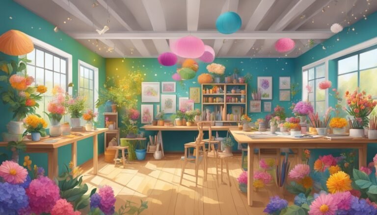 Brightly colored room filled with flower pots and art supplies
