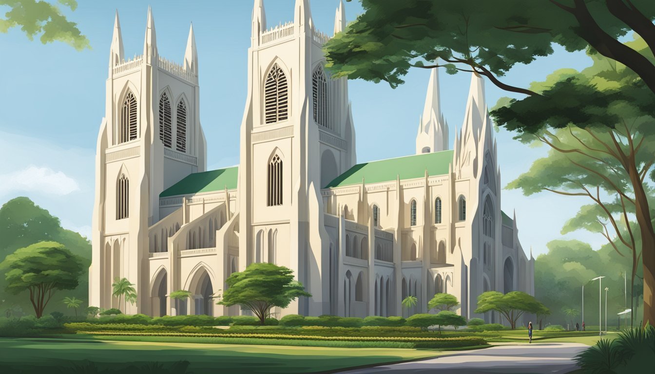 A grand white cathedral with spires, surrounded by lush greenery
