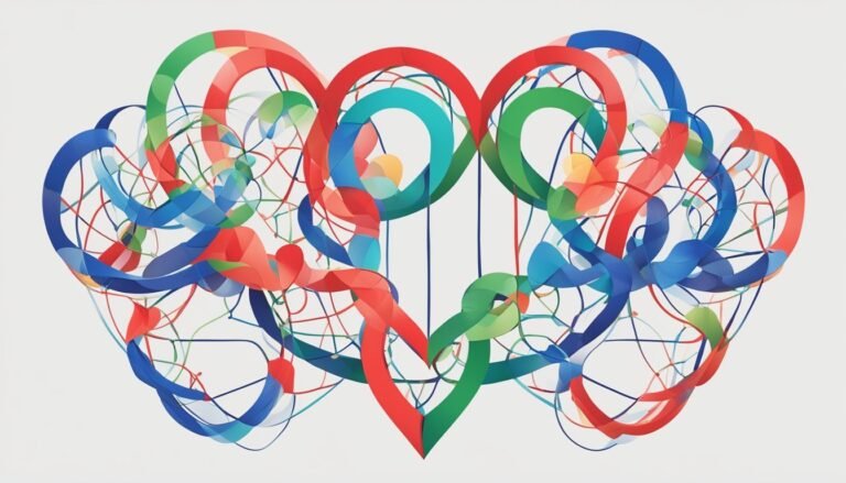 Abstract design featuring intertwined colorful shapes and lines
