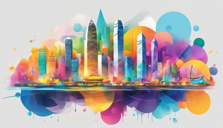 Colorful abstract cityscape with tall buildings and circular patterns