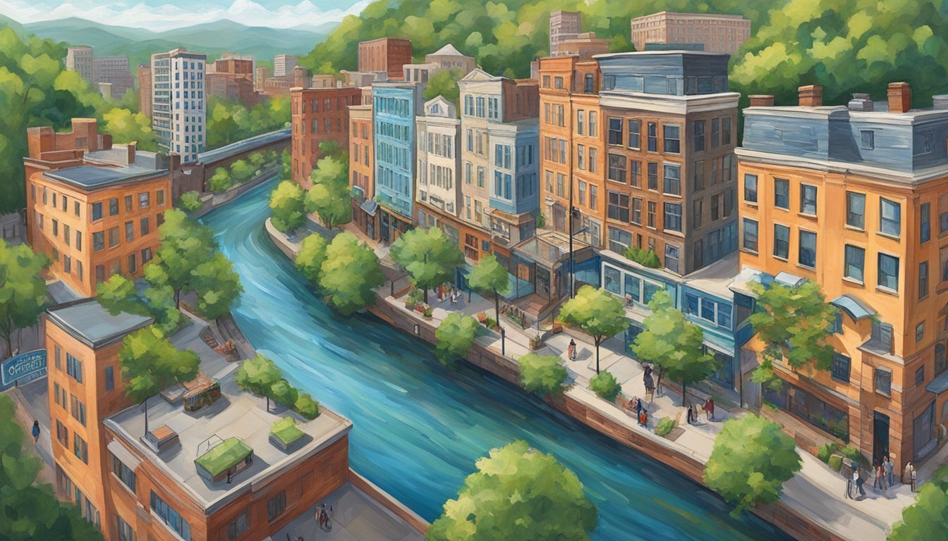 A vibrant cityscape with buildings along a river and trees