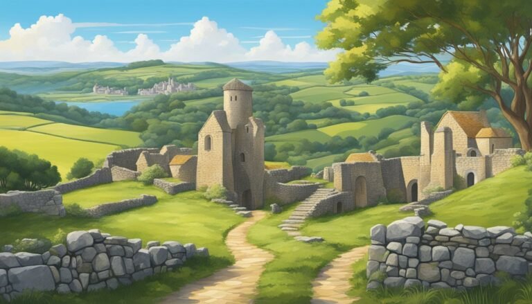 Scenic view of rolling hills with a stone village and ruins
