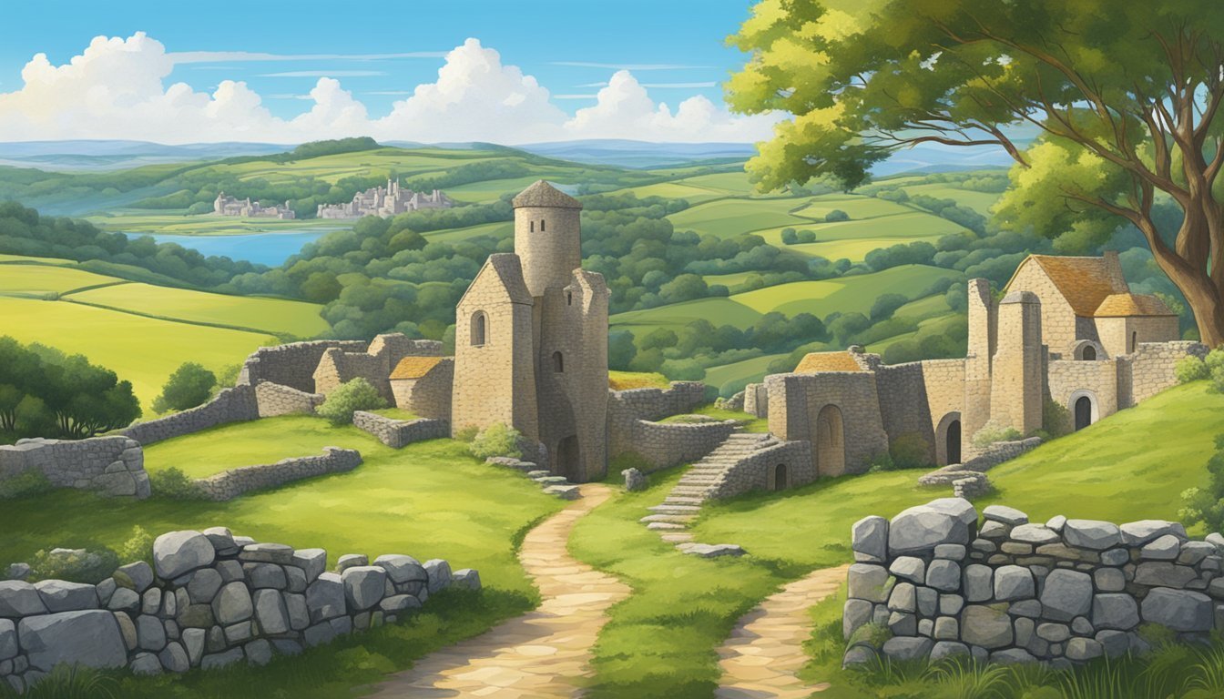 Scenic view of rolling hills with a stone village and ruins