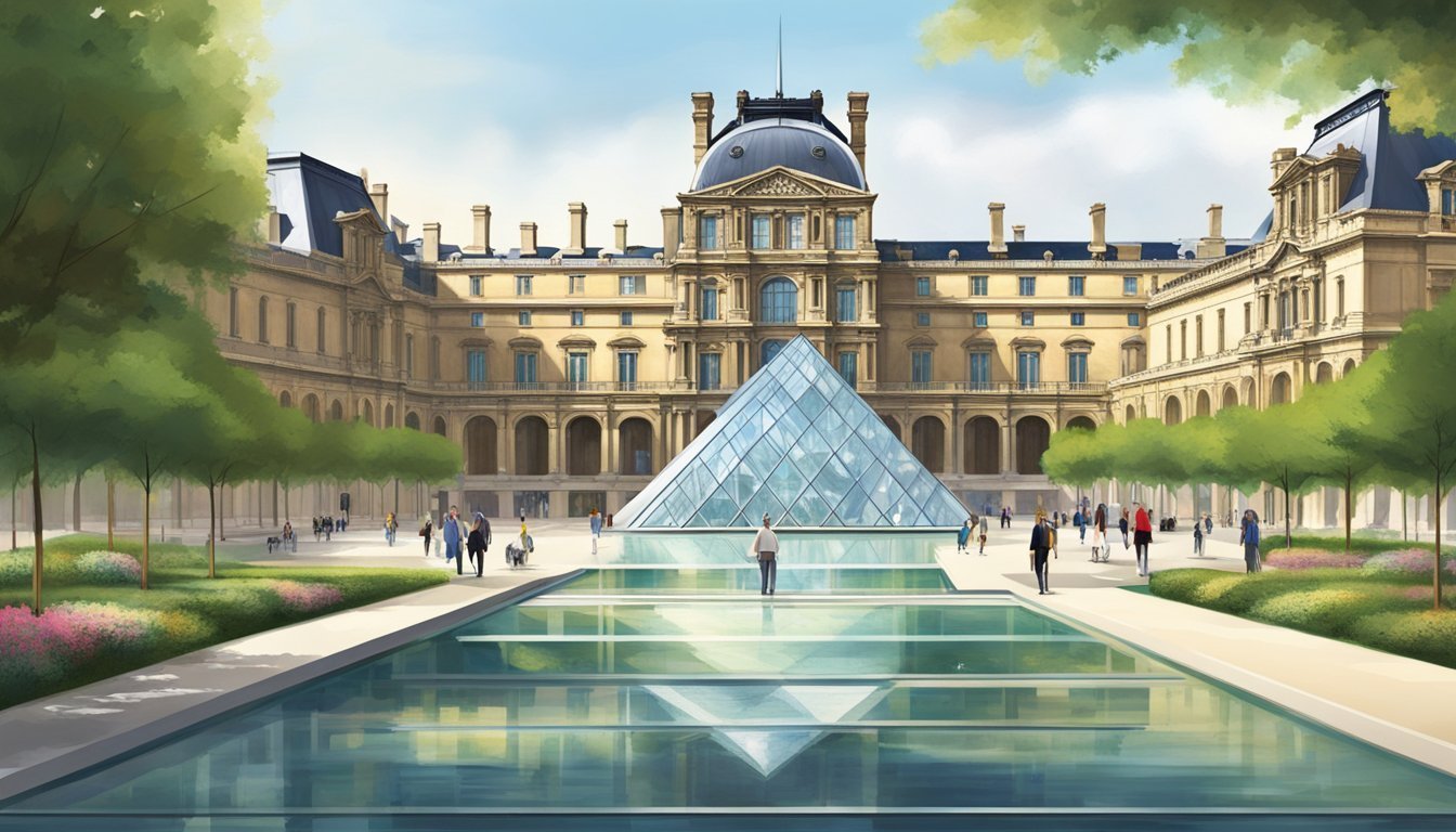 Louvre Museum courtyard featuring glass pyramid and surrounding greenery
