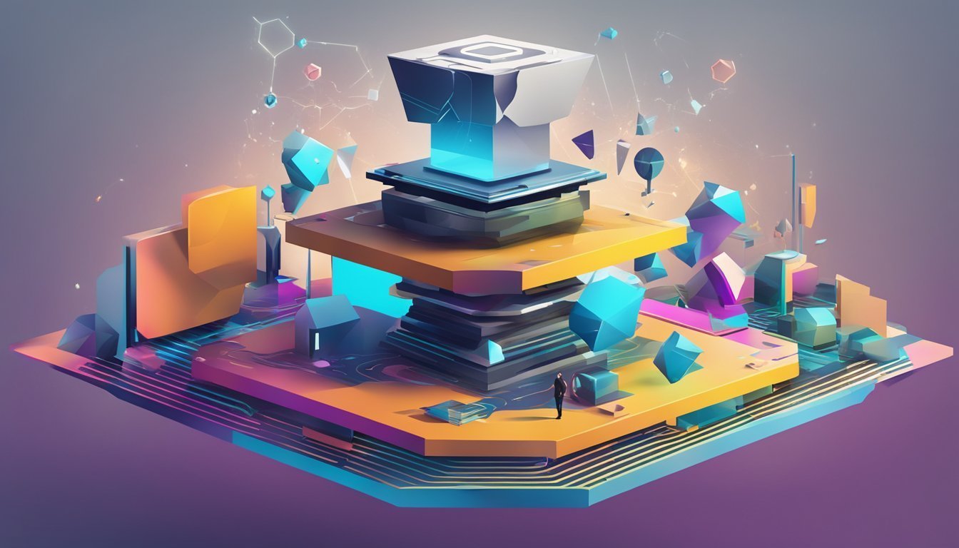 Abstract 3D composition featuring geometric shapes and vibrant colors, with a figure standing