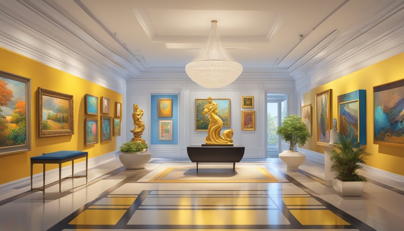 Art gallery interior with yellow walls, paintings, and a golden sculpture