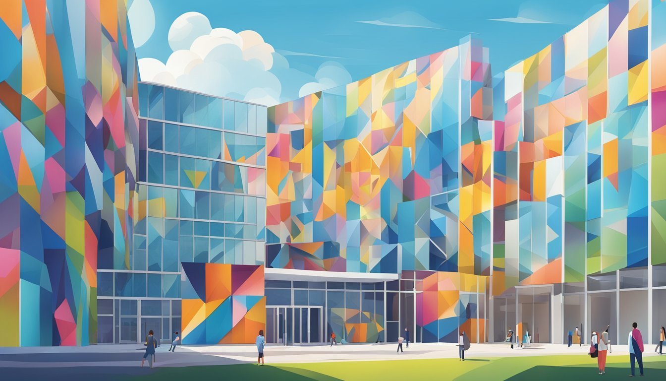 Modern building with colorful geometric facade and people walking outside