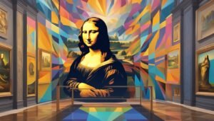 A modern interpretation of the Mona Lisa with vibrant geometric background