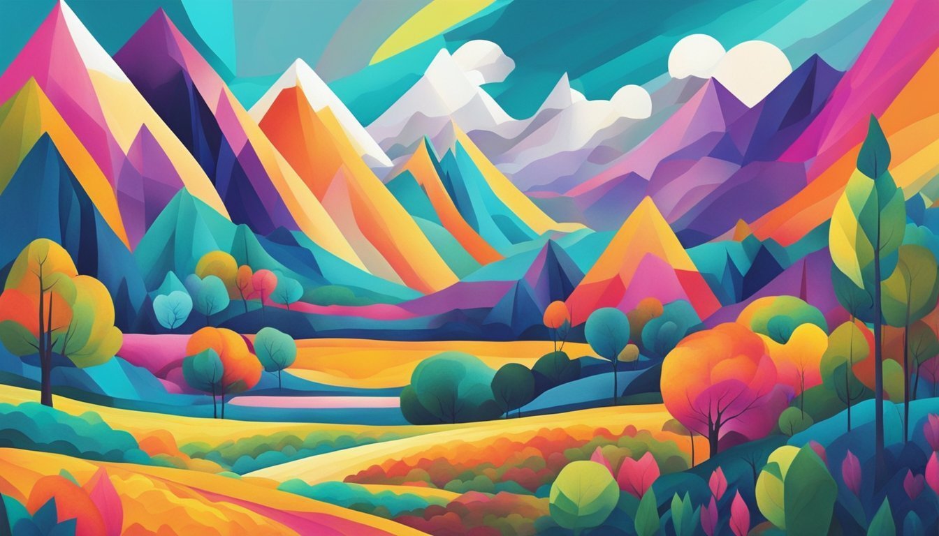 Vibrant abstract landscape with colorful mountains and trees