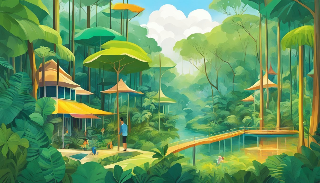 Lush tropical landscape with treehouses, a river, and people relaxing