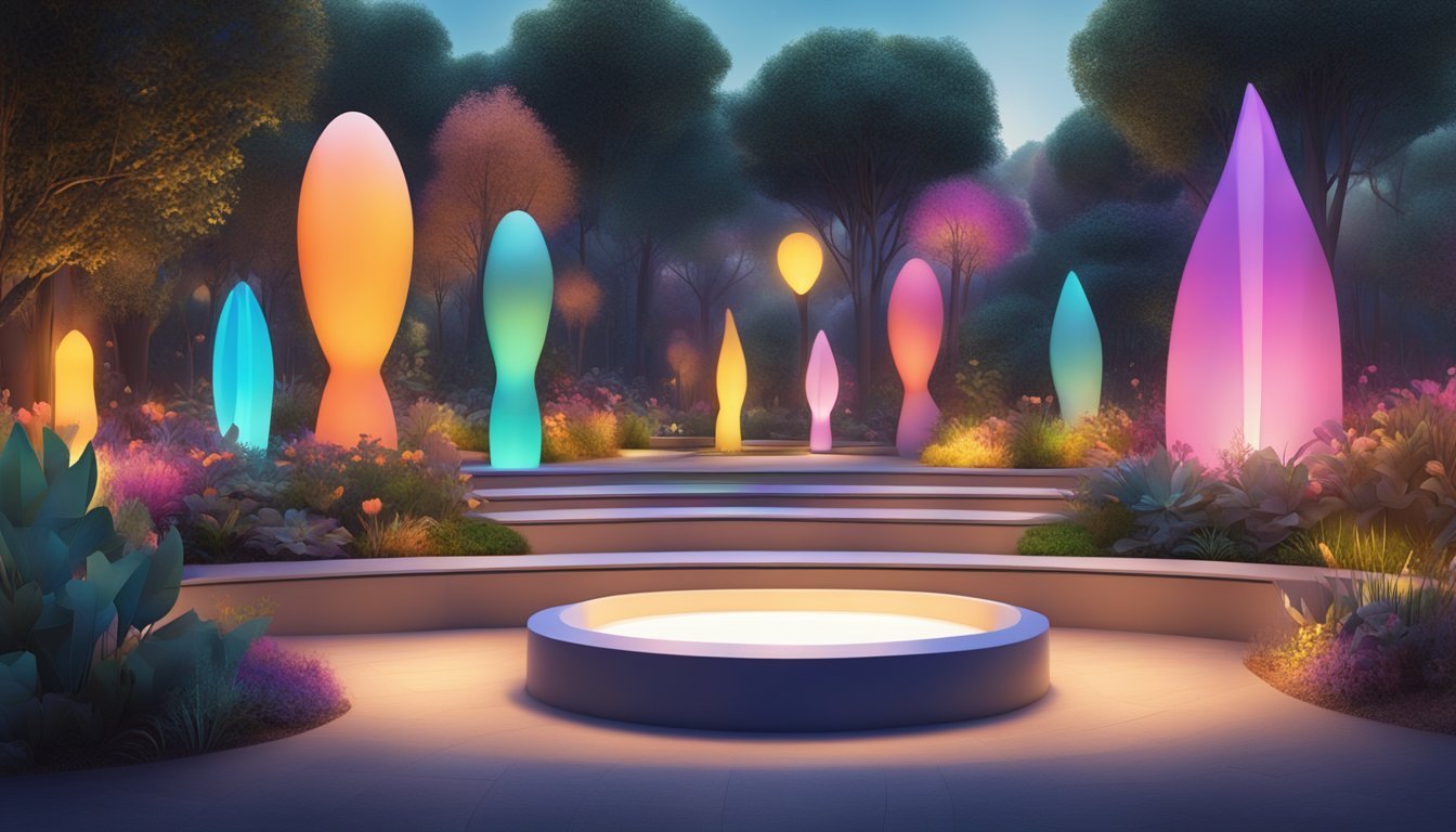 Colorful illuminated sculptures in a garden during twilight