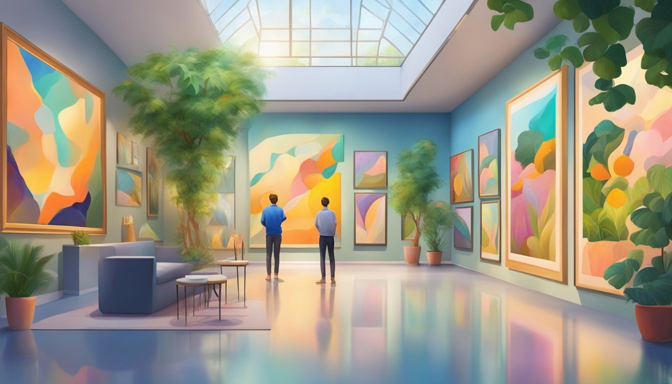 Two individuals admire colorful abstract paintings in a modern art gallery.