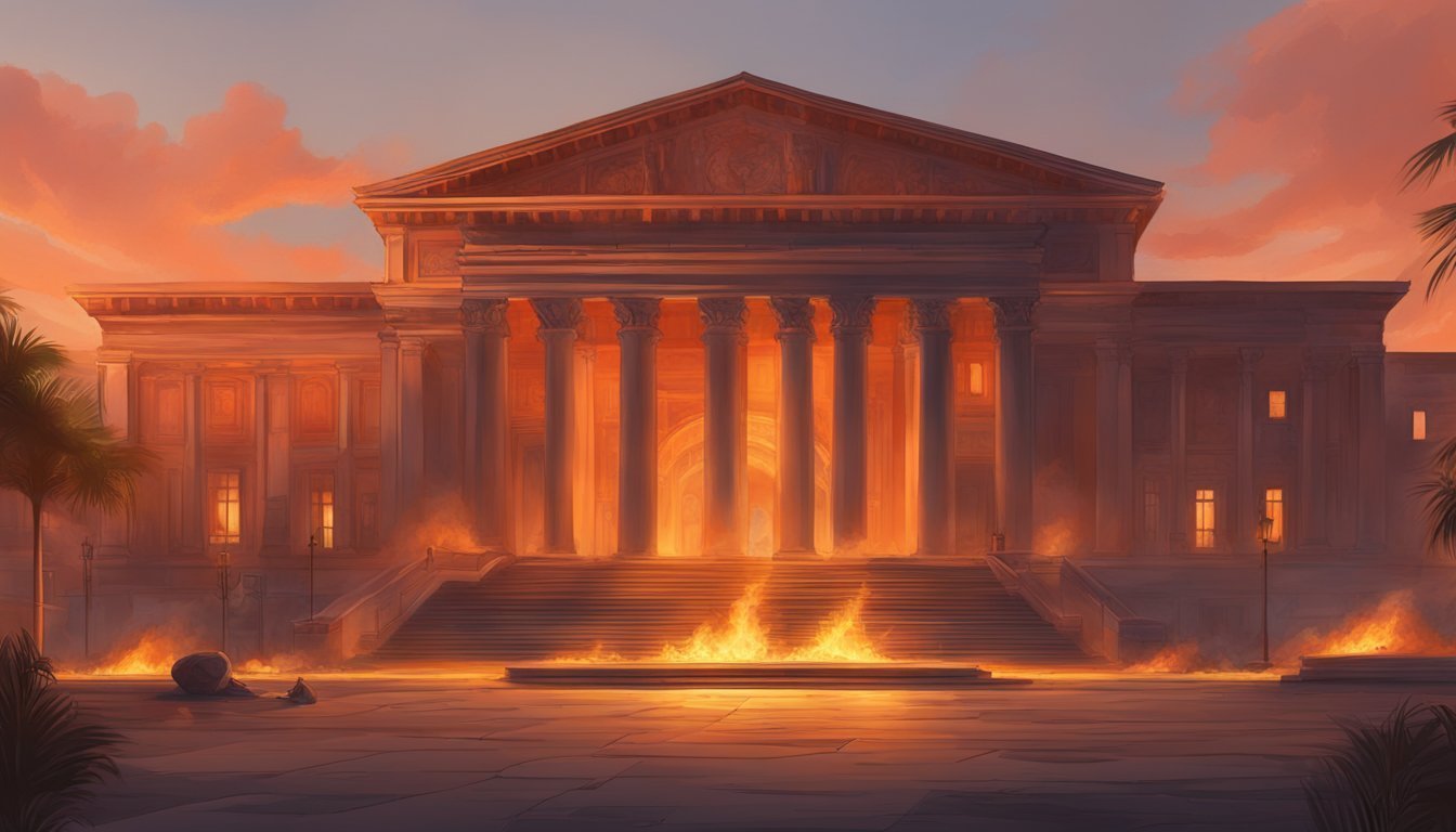 Burning building with columns at sunset, surrounded by flames.