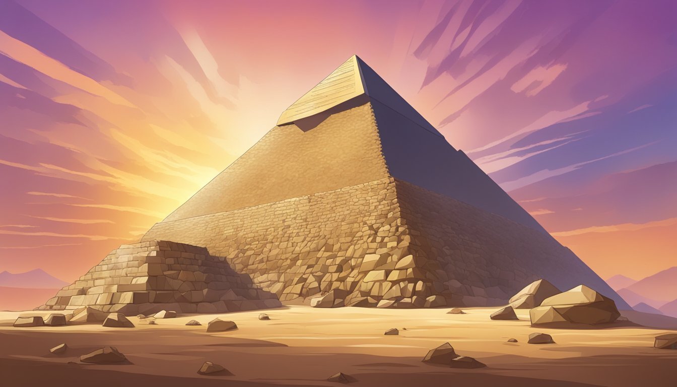 Pyramid silhouette against a colorful sunset sky.