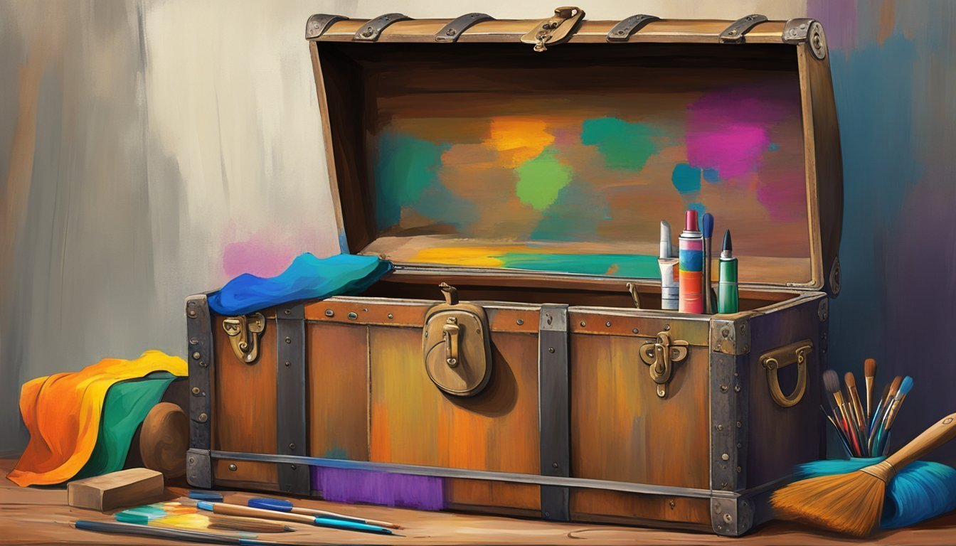 Open wooden chest filled with art supplies and colorful fabrics.