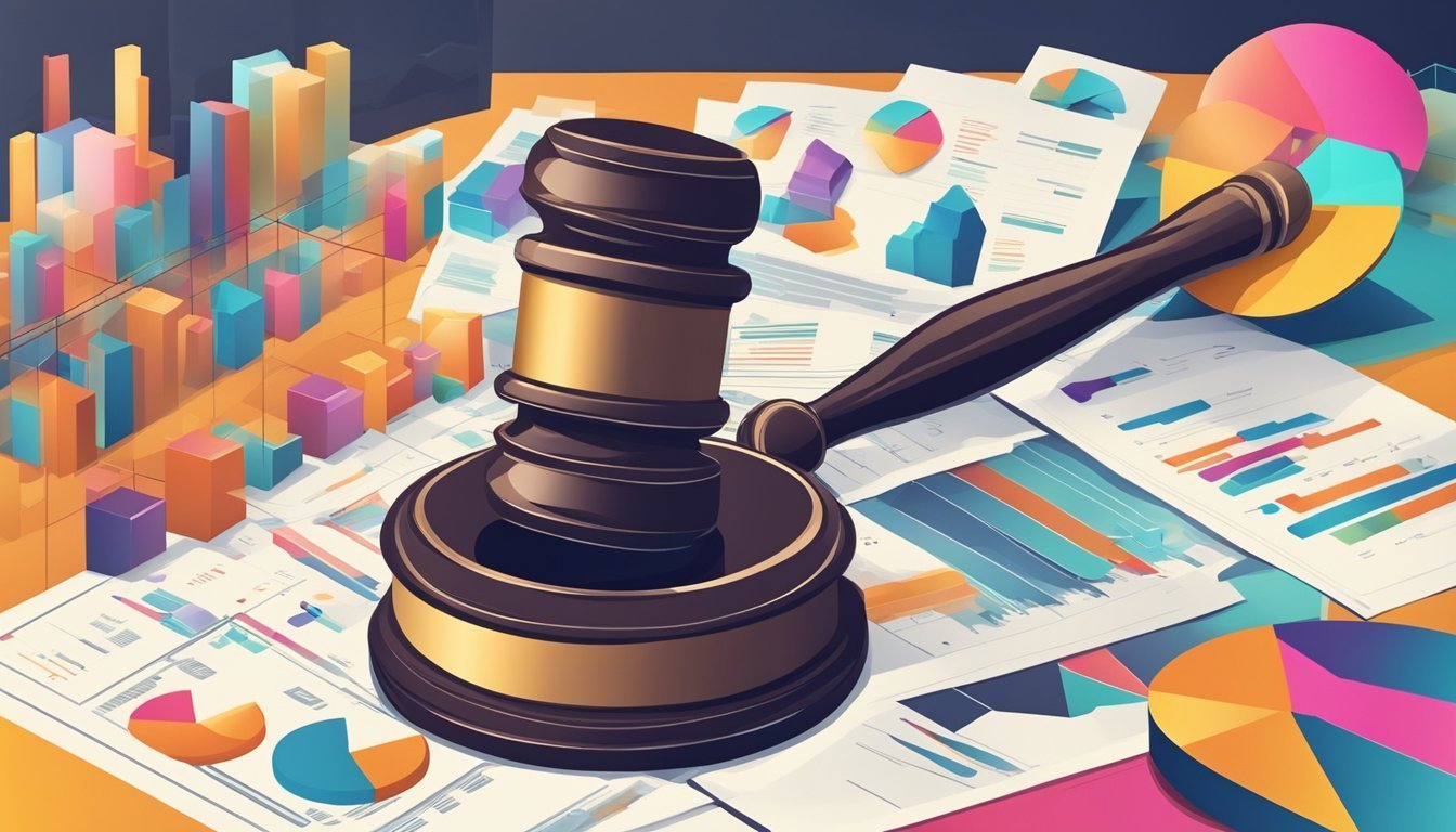 Gavel positioned over financial reports and colorful graphs.