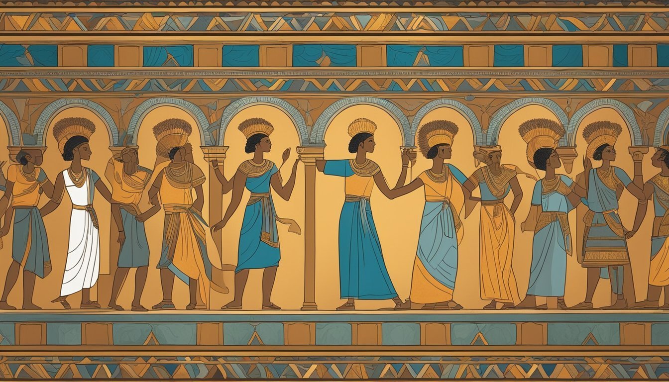Ancient Egyptian figures in elegant attire, arranged in a procession.