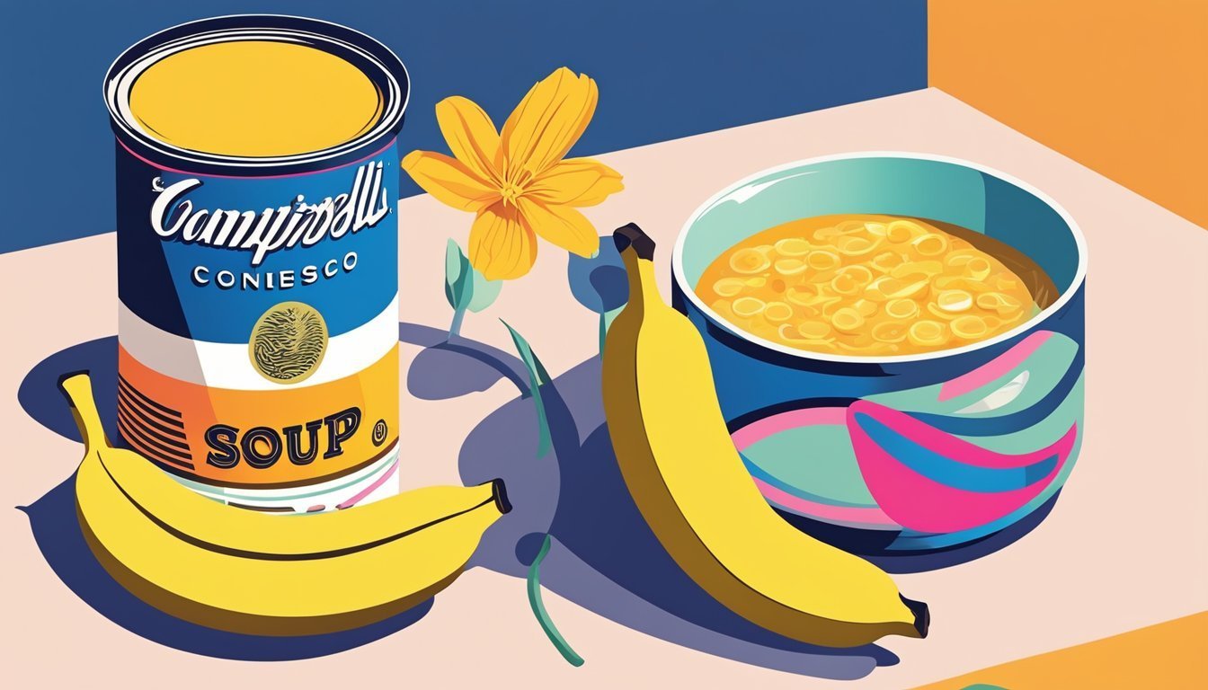 Colorful illustration of soup can, bananas, and a bowl of soup.