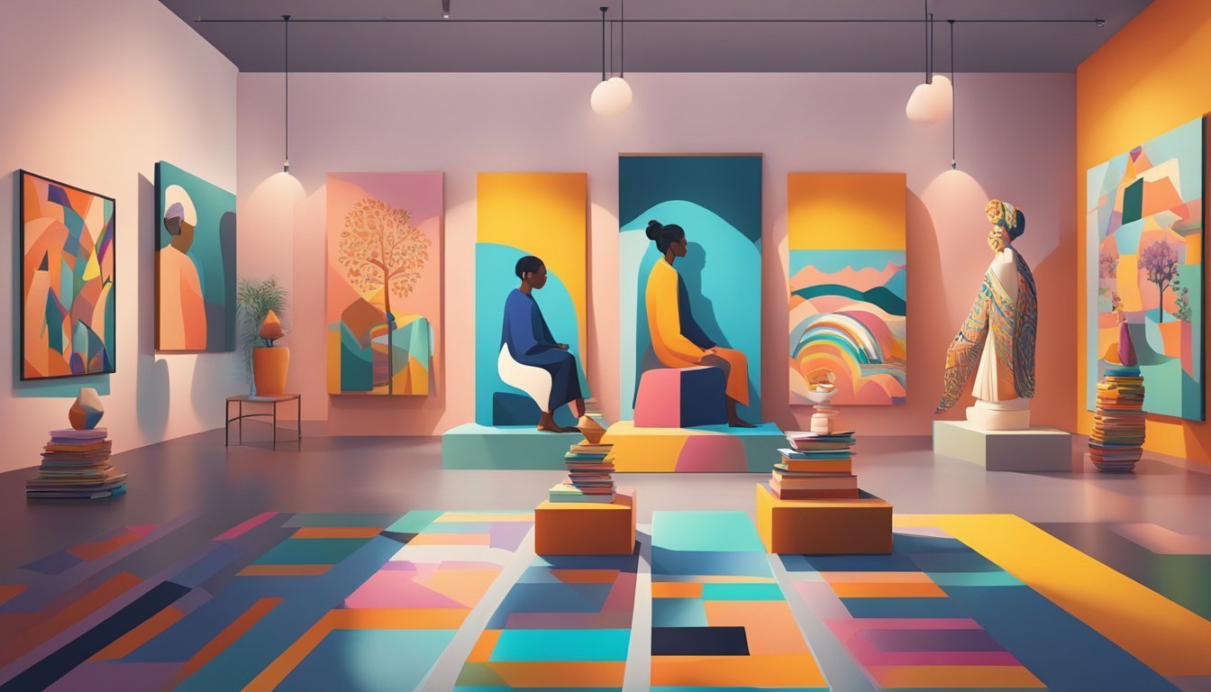 Art gallery interior with colorful paintings, sculptures, and two seated figures.